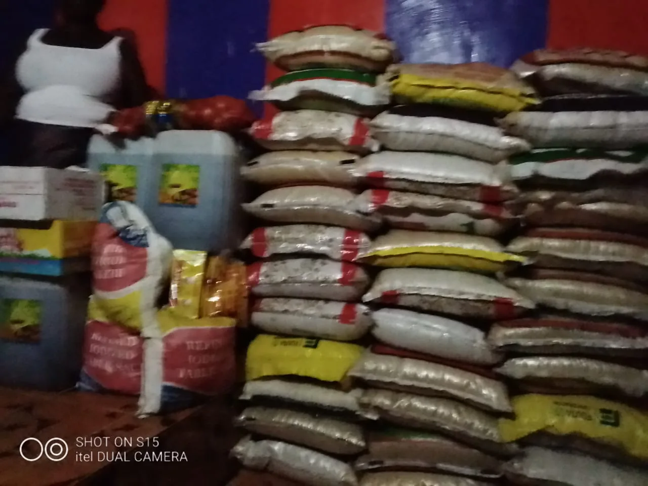 Stacks of rice and staple food supplies ready for vulnerable families